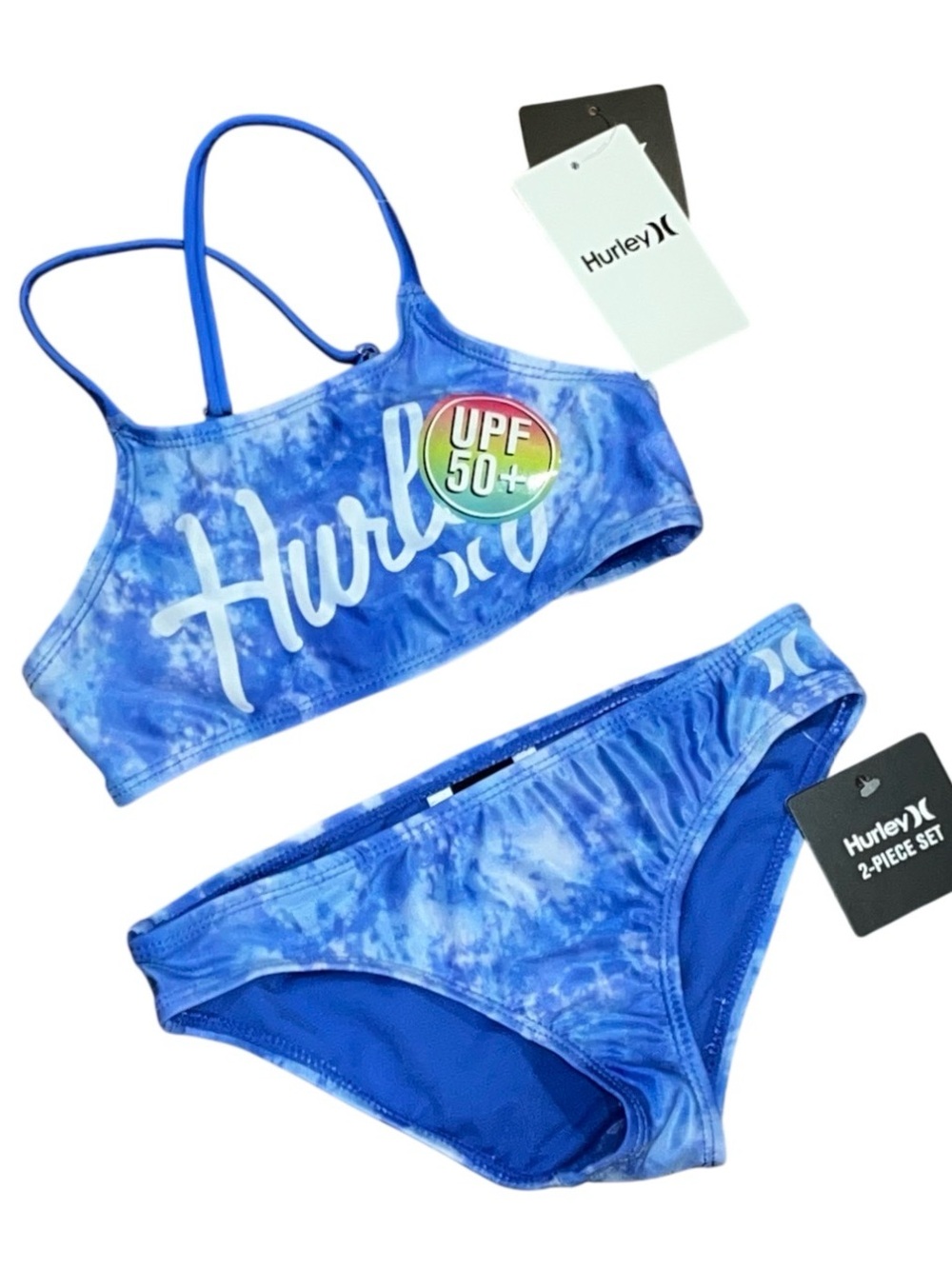 Hurley blue Cloud Bikini Girls Cross Back Adjustable NWT 5 Logo White
